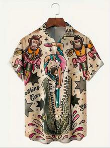 Plus Size Men's Cartoon Monkey Print Casual Single-Breasted Shirt, Summer