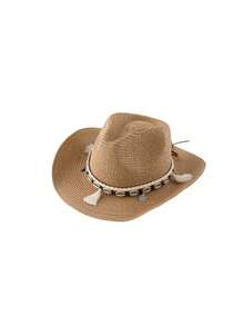 1pc Unisex Fashion Straw Hat, Bohemian Style Beach Sun Hat, New Woven Panama Cowboy Rider Hat, Suitable For Outdoor Travel, Sun Protection, Gift, Daily Use