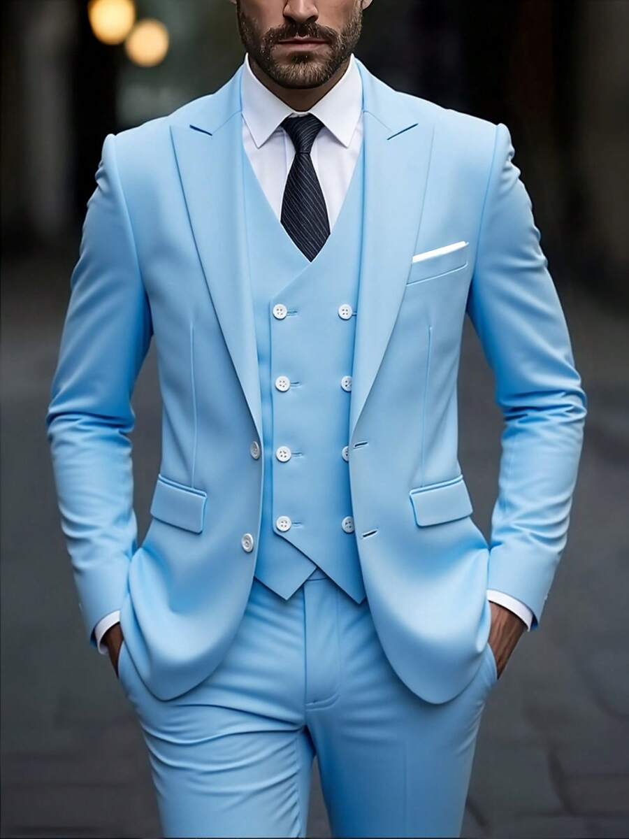 Bộ vest công sở nam cao cấp mới, trang phục chú rể dự tiệc cưới trang trọng, áo đuôi tôm hai hàng cúc màu trơn, áo khoác vest thời trang cài cúc vàng, cỡ châu Âu 2XL 3XL - Màu xanh nhạt - Xem 1