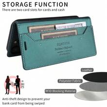 带卡槽的钱包式 RFID 屏蔽磁性翻盖仿皮保护壳，适用于 和三星 Galaxy，兼容小米 Redmi Pixel OPPO Realme Xperia 柔软商务防震保护套 - 綠色 - 查看 6