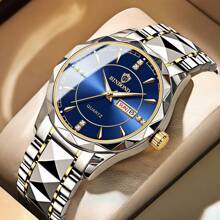 1 Stück Herren Uhr Gold Blau 50m wasserdicht rostfrei 316 Edelstahl leuchtende Zeiger Japan importiertes Quarz Automatikwerk - Hochwertig eingebaute langlebige Japan Batterie Englisch Sonntag Kalender präzise Zeitanzeige Herren Geburtstags Geschenk Ehemann Vatertag Hochzeit Andenken