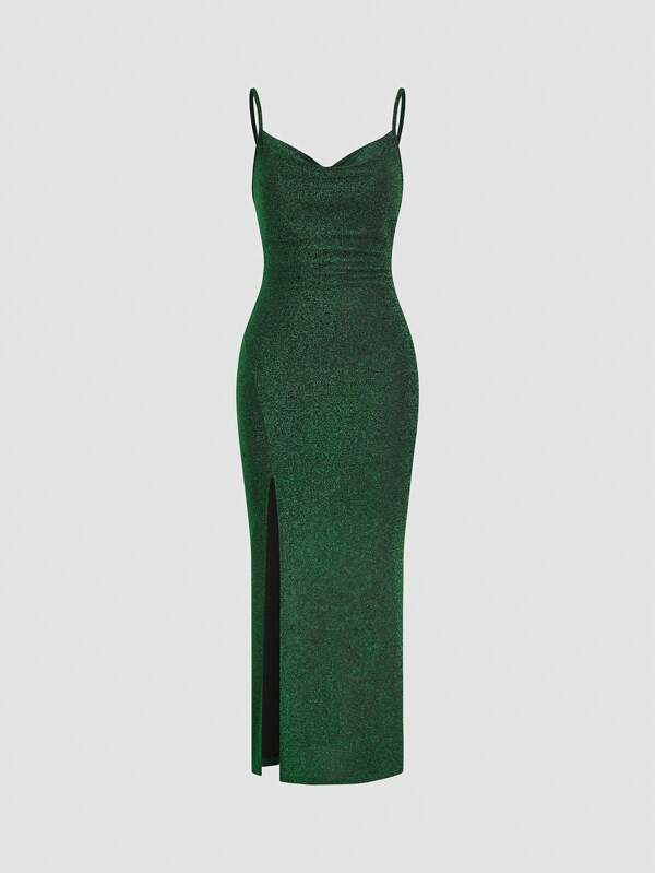 1pc Solid Color Elegant High Slit To Thigh Party Dress For Women