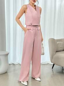 Conjunto liso de 2 piezas de chaleco cruzado y pantalones holgados con cinturón de moda para mujer - Rosa - Ver 2