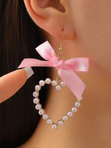 2 piezas Pendientes con lazo elegante y corazón de perla artificial, joyería de moda, adecuado para fiesta, boda, cena y uso diario - Pendientes lazo corazón - Ver 4