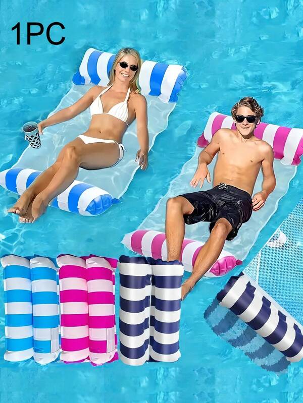 1PC Children's Swimming Pool Multifunctional Lounge Chair, Inflatable Floating Bed, Foldable Striped Swimming Lounge Chair For Easy Carrying, Suitable For Outdoor, Swimming Pool, Beach, Water Interactive Inflatable Floating Bed, Prepare An Outdoor Fun Water Play Gift For Children