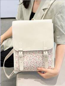 LECEY Lightweight Business Casual Backpack, Compact And Portable, Floral Buckle Decor Flap Design, Suitable For Teenagers, Women, College Students, Young Professionals And Office Workers. Perfect For Office, University, Work, Business, Commuting, Outdoor Activities, Travel, Hiking And More. An Ideal Choice For Back To School, College Backpack, And Essential For College Life. - White - View 2