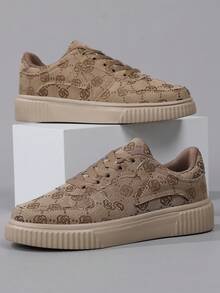 时尚休闲女式运动鞋，系带轻便厚底休闲平底女鞋，百搭低帮运动运动鞋 - 卡其色 - 查看 4