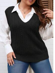 College Style, Braid, V-Neck, Plus Size, Fall And Winter, Valentine's Day Knit Vest - Black - View 1