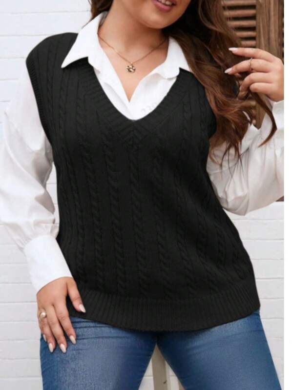 Colete de Tricô Estilo Universitário, Trança, Gola em V, Plus Size, Casual, Outono e Inverno