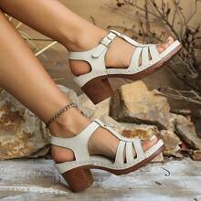 Cross-Border 2025 New Style Foreign Trade Open-Toe European And American Style Plus Size Fashion Round-Toe One-Strap Women's High Heel Sandals - 棕色 - 查看 5
