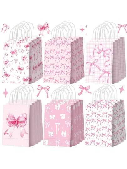 12个粉色蝴蝶结纸质礼品袋，派对回礼袋，婴儿派对糖果袋，粉色糖果袋，牛皮纸袋 - 可爱蝴蝶结设计，可重复使用牛皮纸，适用于婚礼糖果、生日派对、单身派对装饰、万圣节装饰、万圣节派对用品