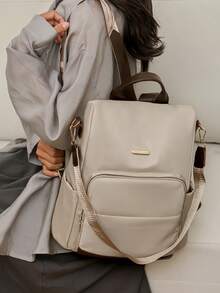 Ladies' Spliced Contrasting Casual Large Capacity Backpack, Simple And Versatile Shoulder Bag, Student Backpack, Mommy Bag, Commuting Bag, Suitable For Travel, Student Design, With Fur Ball Pendant - Beige - View 5