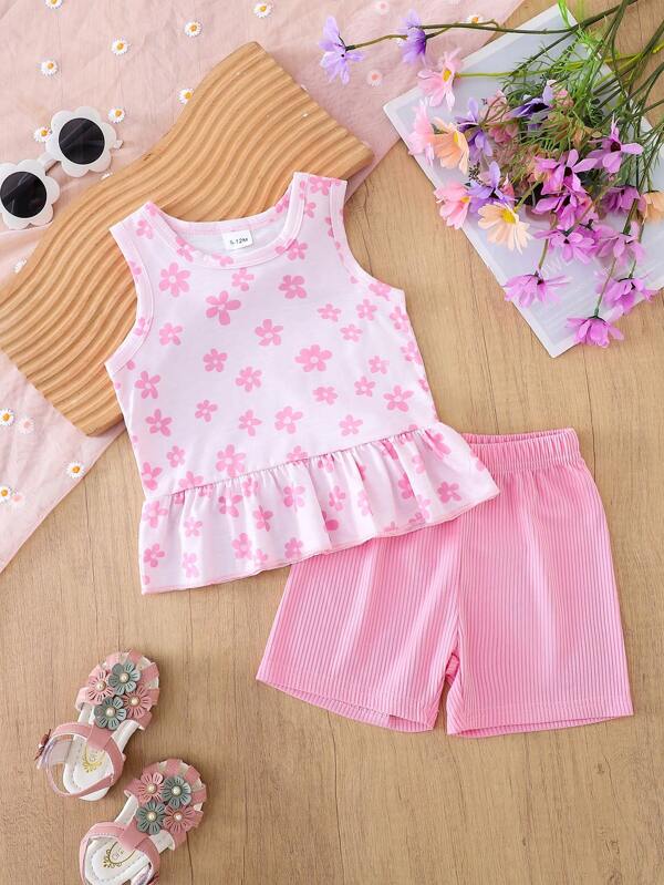 Baby Girls Sleeveless Flower Printed Lotus Hem Top + Solid Color Soft Jersey Shorts 2pcs Set, Summer