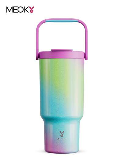 Botella de agua aislada de 32 onzas con asa, termo aislado al vacío, vaso de viaje de acero inoxidable con tapa a prueba de fugas y pajita, mantiene frío durante 34 horas u caliente durante 10 horas, botella aislada portátil para acampada al aire libre, senderismo, conducción y viajes por carretera