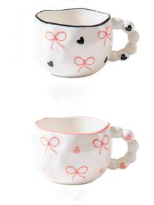 1/2 件蝴蝶结陶瓷杯，全新创意釉下彩绘设计，高品质可爱彩色女士杯子，适合咖啡、早餐、居家和办公室使用，情侣杯套装带碟子，适合返校