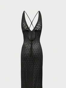 春夏女装时尚休闲度假风纯色修身下摆开叉镂空半透明连帽无袖V领长裙，女士沙滩装，女士挂脖露背吊带长裙 - 黑色 - 查看 7