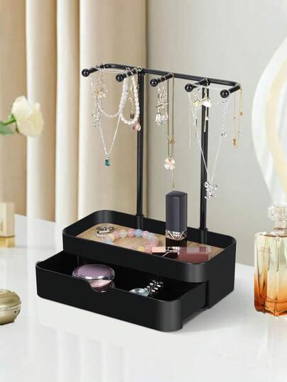 1pc Dual-Layer Jewelry Organizer With Wooden Base, Polished Surface, Rectangular Design For Tabletop Use, Multi-Function Hanging Storage For Necklaces, Bracelets, Earrings, Rings, Watches, Includes Hooks, Suitable For Home Jewelry Storage Summer Necessity For Women Storage Organizer Gift Travel