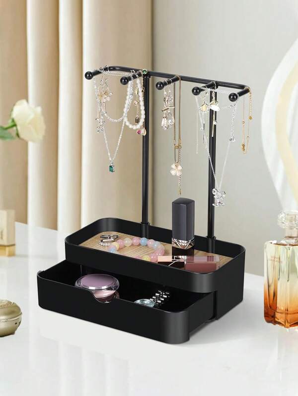 1 pieza Organizador de joyas de doble capa con base de madera, superficie pulida, diseño rectangular para uso sobre la mesa, almacenamiento colgante multifuncional para collares, pulseras, aretes, anillos, relojes, incluye ganchos, adecuado para almacenamiento de joyas en el hogar. Necesidad de verano para mujeres. Organizador de regalo de viaje.
