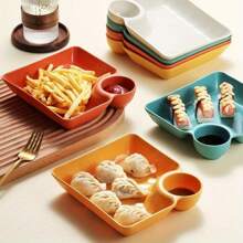 4pcs/Set Chip And Dip Serving Set, Plastic Colorful Dumpling Plate Serving Dishes, Reusable Serving Platter Dip Tray With Sauce Compartment For Sushi Taco Salsa Snack Appetizer Party