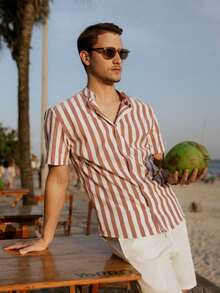 Men's Short Sleeve Shirt With Priest Collar Premium Quality Light And Fresh Fabric Easy To Iron - 紅白色 - 查看 4