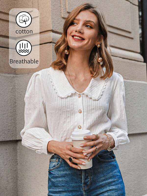 Simplee Camicia in cotone con colletto e maniche a palloncino, stile universitario tinta unita, outfit da insegnante per donna, back to school