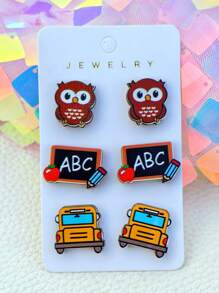 3 Pairs Cute Stationery/School-Themed Wooden Stud Earrings, Great Gift For Back To School, Graduation, Or Teacher's Day
