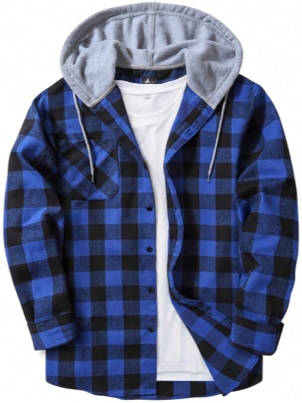 Men Flannel Hoodie Shirts Long Sleeve Casual Plaid Jackets, For Fall Winter