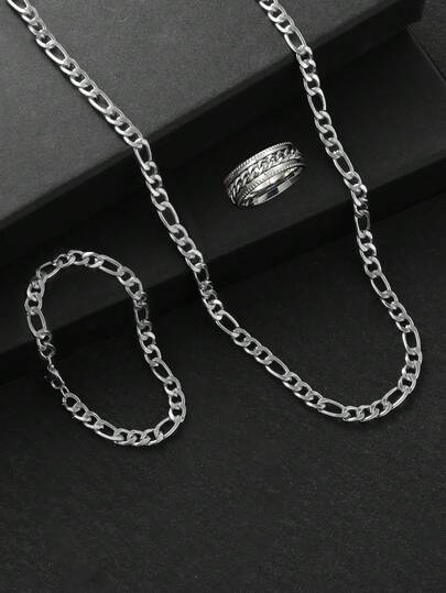 时尚金属银色朋克风格项链、手链和戒指套装，适合男士、返校或休闲场合的多功能配饰礼物