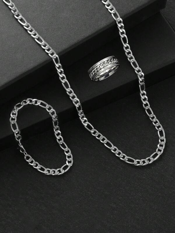 Ensemble de collier, bracelet et bague mode en métal style punk argenté. Accessoire polyvalent, idéal comme cadeau pour lui, pour la rentrée scolaire ou pour les occasions décontractées