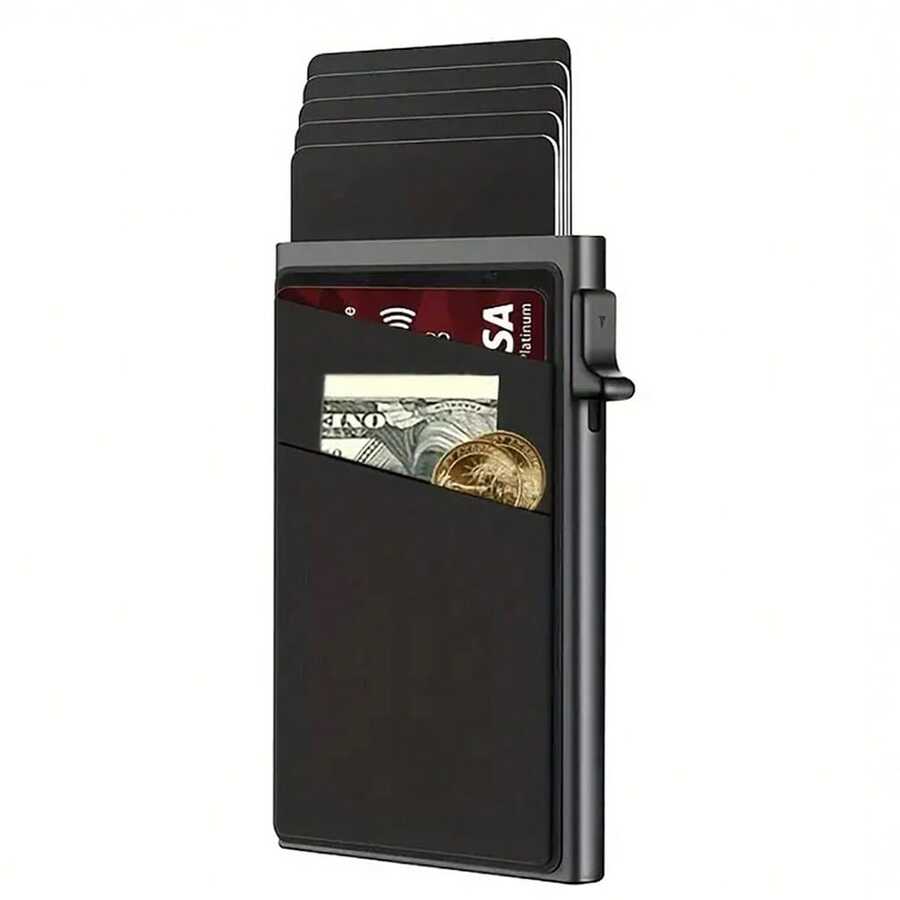 Ultra-Slim RFID Blocking Wallet Credit Card Holder For Men - Automatic Pop-Up Card Holder With Money Pocket, Aluminum Alloy Minimalist Business Anti-Degaussing Credit Card Case For Notes, Coins, And Debit Cards Small Wallet, Money Clips - 彩色 - 查看 1