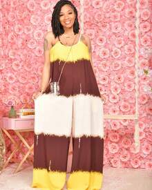 Wide Leg Jumpsuits For Women Sexy Deep V Spaghetti Strap Sleeveless Color Blocking Long Pants One Pieces Jumpsuit,Loose Striped Jumpsuit, Elegant Color Block With Camisole, Wide Tube Design, Casual Spring And Summer Set  Colorblock    Elegant  Casual    Pocket - 黃色 - 查看 5