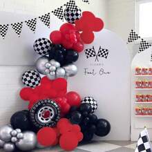 Race Car Balloon Arch Garland Kit 104Pcs Red Black And Metallic Silver Balloons With Checkered Wheel Foil Balloons For Two Fast Birthday Party Decorations
