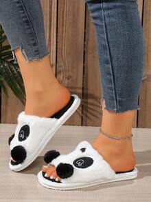 1 par de pantuflas deslizables bordadas con diseño de panda hechas de poliéster, de dedo abierto, unisex, aptas para todas las estaciones - Blanco y Negro - Ver 2