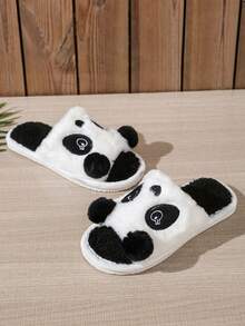 1 par de pantuflas deslizables bordadas con diseño de panda hechas de poliéster, de dedo abierto, unisex, aptas para todas las estaciones - Blanco y Negro - Ver 5