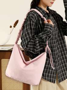 Women's Crossbody Bag Drawstring Shoulder Strap Pleated Canvas Bag Underarm Bag Casual Large Capacity Shoulder Bag