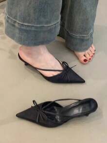 Fall/Winter Pointed Toe Bow Slip On Mules Women, Shallow Sensible High Heel Design Outdoor Wear Sandals,Elegant,Kitten Heels,Party
