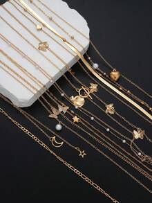 13pcs/3pcs Minimalist Heart, Butterfly, Star, Moon & Disc Faux Pearl Necklace Set For Women, Gift For Date, Vacation And Daily Wear Valentines,Mom,Mother,Mother's Day,Gift