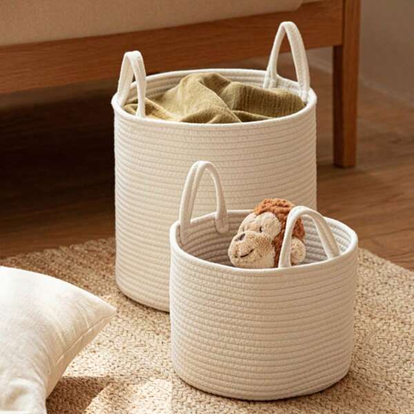 1pc Nordic Style Minimalist Cream White Laundry Basket, Large Size With Handle For Wardrobe, Bathroom, Clothes, Toys, Blankets Storage