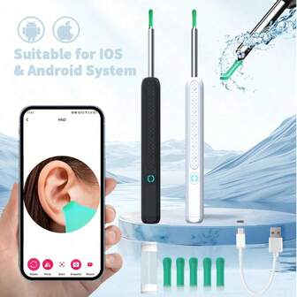Otoscopio inalámbrico WiFi con cámara, limpiador de oídos portátil de cabeza suave y eficiente, removedor de cerumen luminoso, limpiador de oídos inteligente con cámara HD y luces LED, kit de inspección oral y cuidado de la salud de los oídos con 6 herramientas de limpieza de oídos, compatible con teléfonos Apple y Android (blanco y negro)
