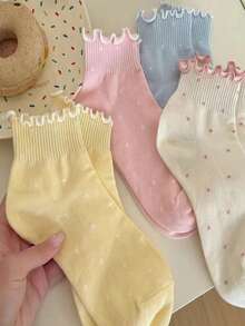 5 Pairs Random Women's Sweet Ruffle Edge Polka Dot Crew Socks, Fashionable & Breathable - Multicolor - View 5