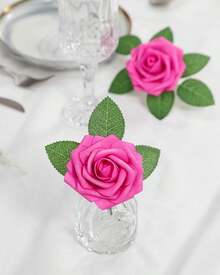 25Pcs Artificial Roses Flowers Fake Roses With Stems Real Touch Foam Flowers For DIY Wedding Bouquet Baby Shower Centerpiece Floral Arrangement Party Home Decor(Dark Red) - Hot Pink - View 5