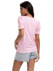 VERACT Women's Square Neck Ruffle T Shirt Summer Casual Basic Short Sleeve - Striped Pink - View 2