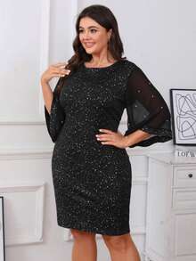 大码女式优雅仿珍珠装饰拼接喇叭袖喇叭下摆半身裙 - 黑色 - 查看 6