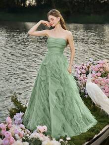 Đầm cưới cúp ngực lãng mạn, chân váy xếp tầng bằng vải voan bồng bềnh, dáng chữ A, hoàn hảo cho các đám cưới cổ điển, lễ tốt nghiệp, dạ hội. - màu xanh lá - Xem 5