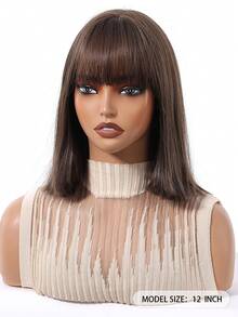 12 Inch Brown Ombre White Bob Wig With Bangs Synthetic Heat Resistant Wigs Natural Looking For Women Daily Party And Cosplay Use