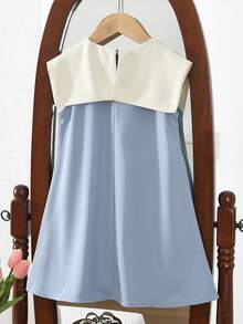 Contrast Color Collar Sleeveless Dress For Girls, Sweet & Cute Style, Suitable For Summer Wear - Blue - View 3