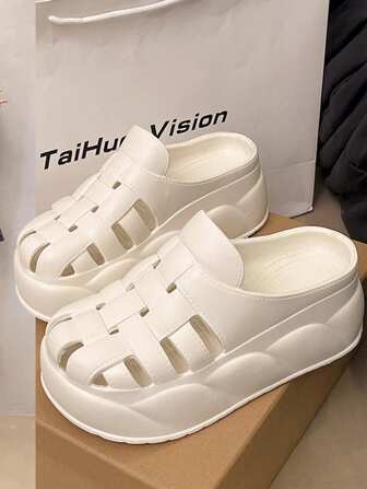 Woven Slip-On Mule Sandals For Women, Thick Sole Hollow Out Roman Style, Platform, Versatile, Summer 2020-2025