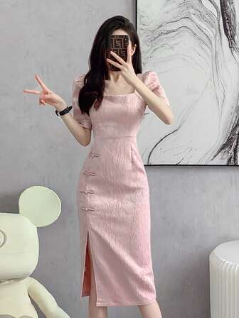 Summer New Chinese Style Slim Elegant Square Neck Dress Women Traditional Frog Button Split Flare Tea Party Cheongsam Midi Dress