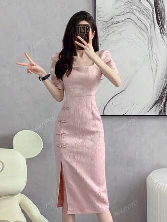 Zomer Nieuwe Chinese Stijl Slanke Elegante Vierkante Hals Jurk Vrouwen Traditionele Kikker Knoop Split Flare Tea Party Cheongsam Midi Jurk