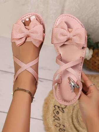 女士时尚蝴蝶结沙滩凉鞋，交叉带设计蝴蝶结平底凉鞋，带松紧带，舒适户外夏季凉鞋